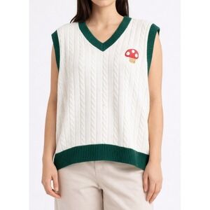 Chunky Cable Knit Sweater Vest Women 2XL Embroidered Mushroom Oversized Whimsi